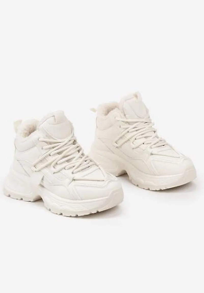 Beżowe Sneakersy na Tłoczonej Podeszwie Ocieplone Futerkiem Miaola