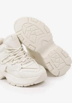 Beżowe Sneakersy na Tłoczonej Podeszwie Ocieplone Futerkiem Miaola