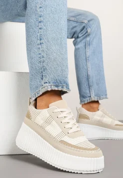 Beżowe Sneakersy na Tłoczonej Platformie z Ozdobnymi Przeszyciami Faloviela
