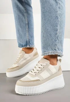 Beżowe Sneakersy na Tłoczonej Platformie z Ozdobnymi Przeszyciami Faloviela