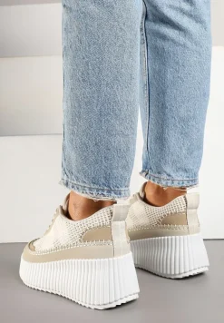 Beżowe Sneakersy na Tłoczonej Platformie z Ozdobnymi Przeszyciami Faloviela