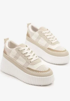 Beżowe Sneakersy na Tłoczonej Platformie z Ozdobnymi Przeszyciami Faloviela