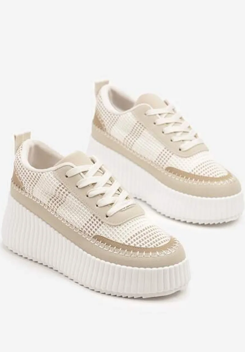 Beżowe Sneakersy na Tłoczonej Platformie z Ozdobnymi Przeszyciami Faloviela