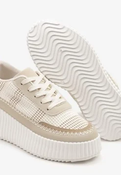 Beżowe Sneakersy na Tłoczonej Platformie z Ozdobnymi Przeszyciami Faloviela