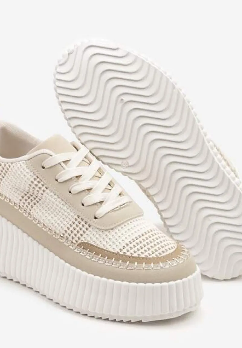 Beżowe Sneakersy na Tłoczonej Platformie z Ozdobnymi Przeszyciami Faloviela