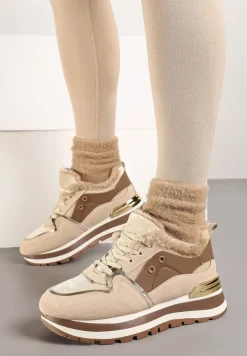 Beżowe Sneakersy na Zimę z Futerkowym Ociepleniem Vertiste