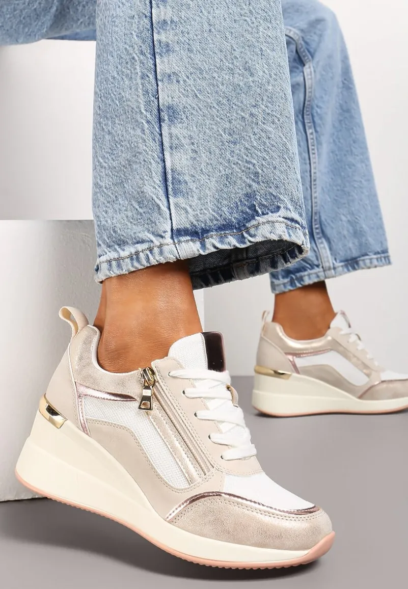Beżowe Sneakersy Ozdobione Suwakiem i Metalowymi Aplikacjami na Koturnie Warranta