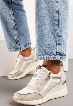 Beżowe Sneakersy Ozdobione Suwakiem i Metalowymi Aplikacjami na Koturnie Warranta