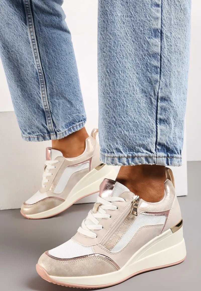 Beżowe Sneakersy Ozdobione Suwakiem i Metalowymi Aplikacjami na Koturnie Warranta