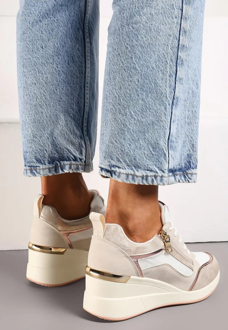 Beżowe Sneakersy Ozdobione Suwakiem i Metalowymi Aplikacjami na Koturnie Warranta