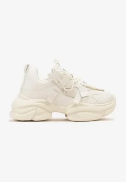 Beżowe Sneakersy Ozdobione Napisami na Wysokiej Podeszwie Uvanda