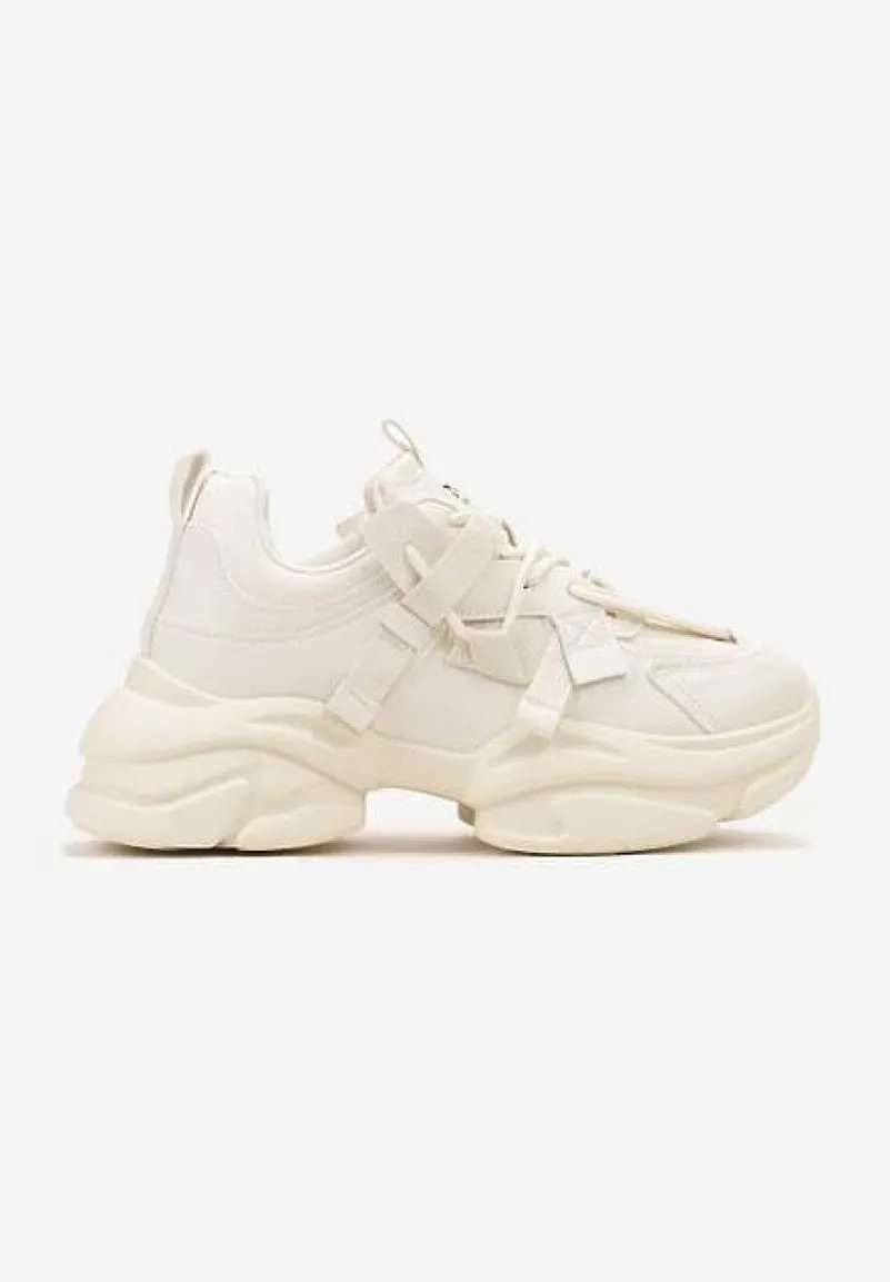 Beżowe Sneakersy Ozdobione Napisami na Wysokiej Podeszwie Uvanda