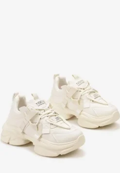 Beżowe Sneakersy Ozdobione Napisami na Wysokiej Podeszwie Uvanda