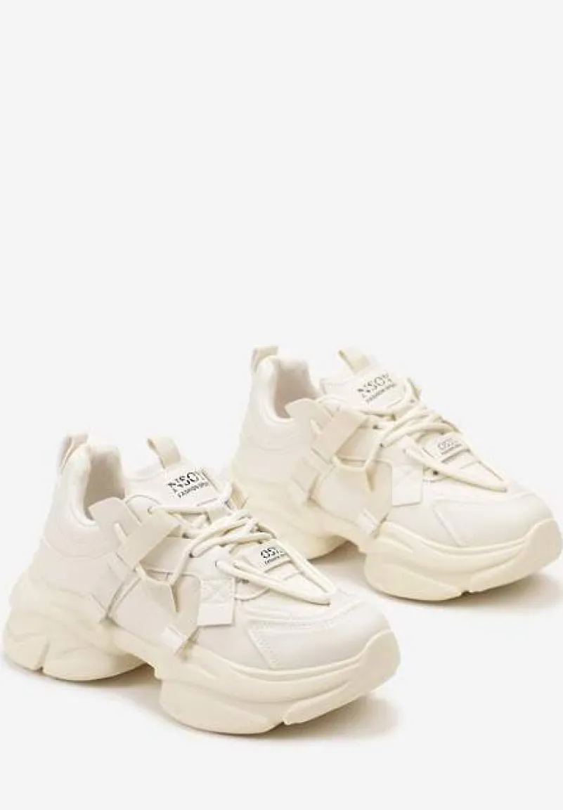 Beżowe Sneakersy Ozdobione Napisami na Wysokiej Podeszwie Uvanda