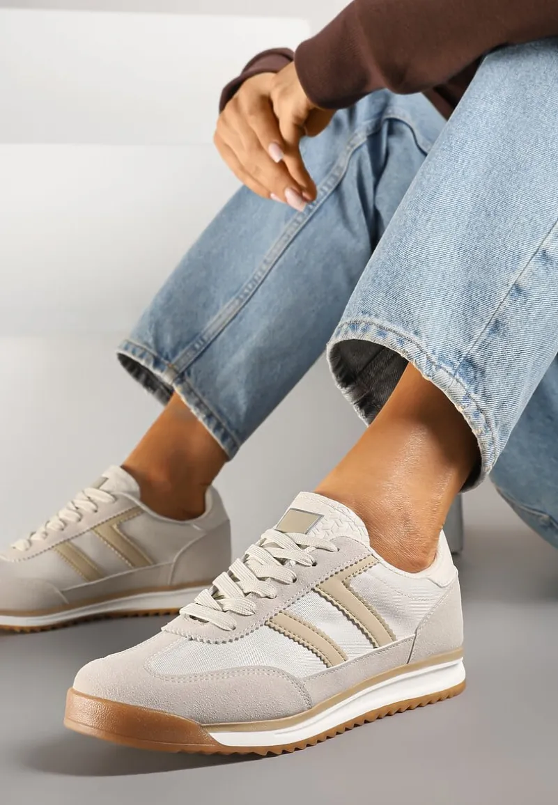 Beżowe Sneakersy Ozdobione Paskami Nairalina
