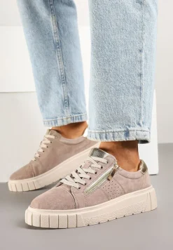 Beżowe Sneakersy Skórzane na Platformie z Ozdobnym Suwakiem i Perforacją Niliria