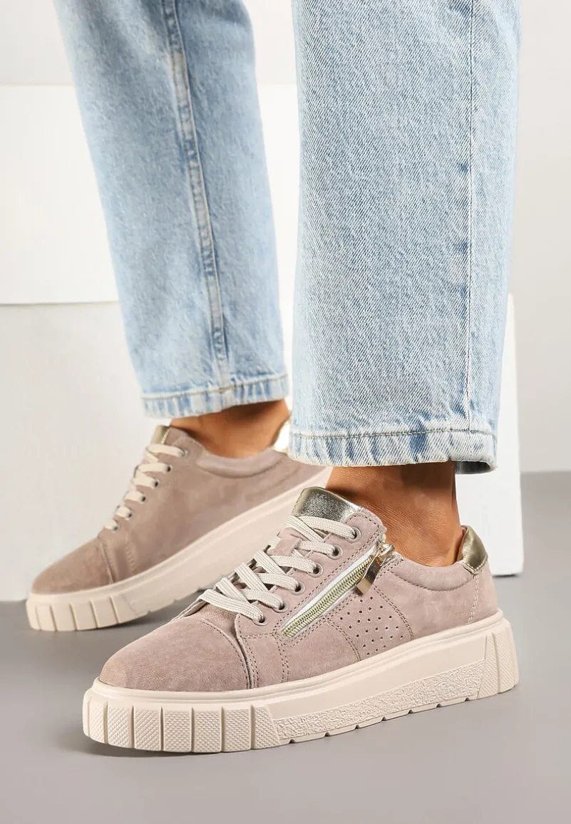 Beżowe Sneakersy Skórzane na Platformie z Ozdobnym Suwakiem i Perforacją Niliria