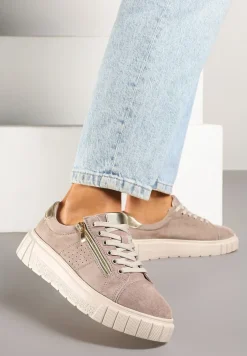 Beżowe Sneakersy Skórzane na Platformie z Ozdobnym Suwakiem i Perforacją Niliria