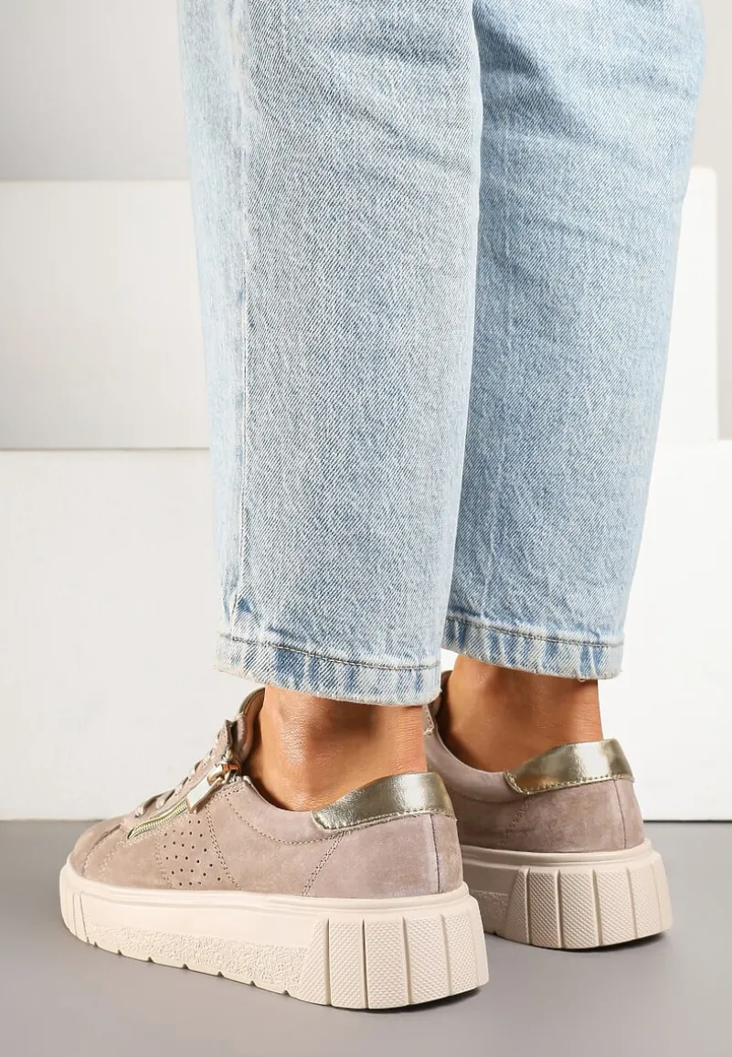 Beżowe Sneakersy Skórzane na Platformie z Ozdobnym Suwakiem i Perforacją Niliria