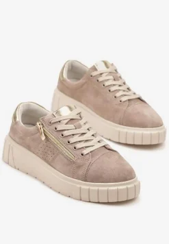 Beżowe Sneakersy Skórzane na Platformie z Ozdobnym Suwakiem i Perforacją Niliria