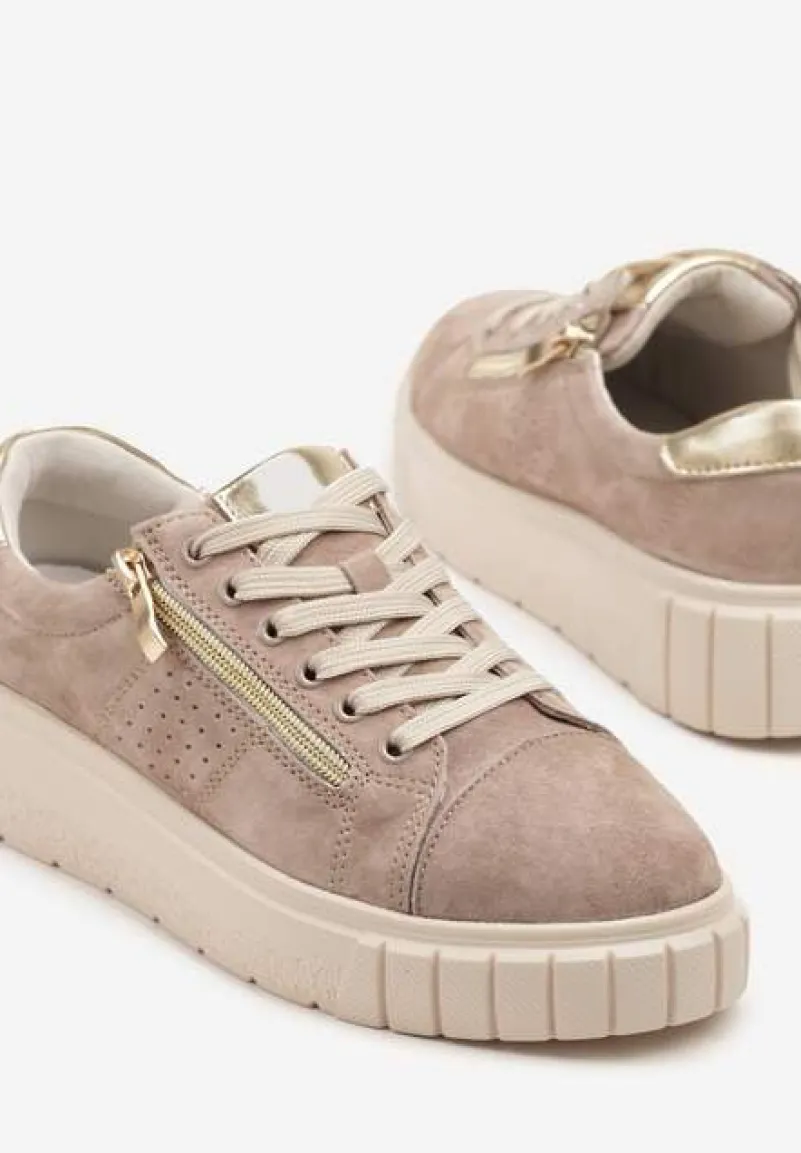 Beżowe Sneakersy Skórzane na Platformie z Ozdobnym Suwakiem i Perforacją Niliria