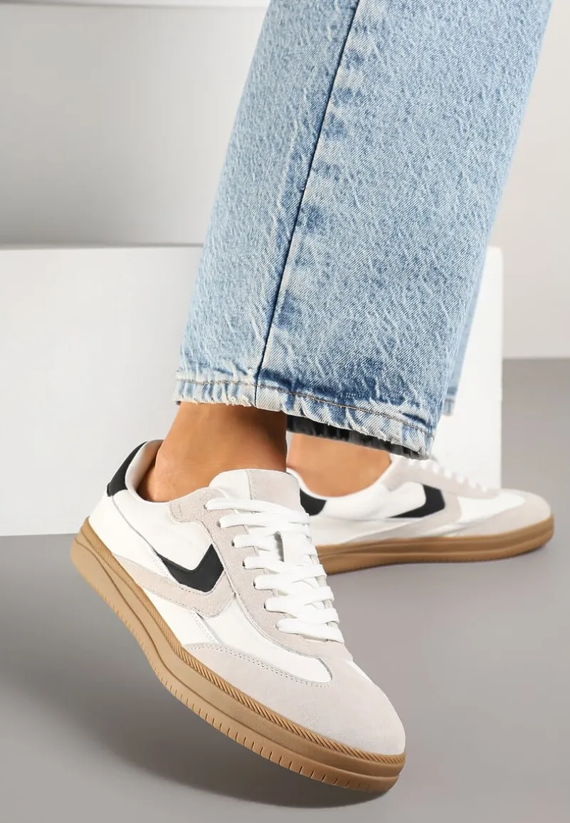 Beżowe Sneakersy Skórzane w Stylu Tenisówek z Geometrycznym Motywem Erisane