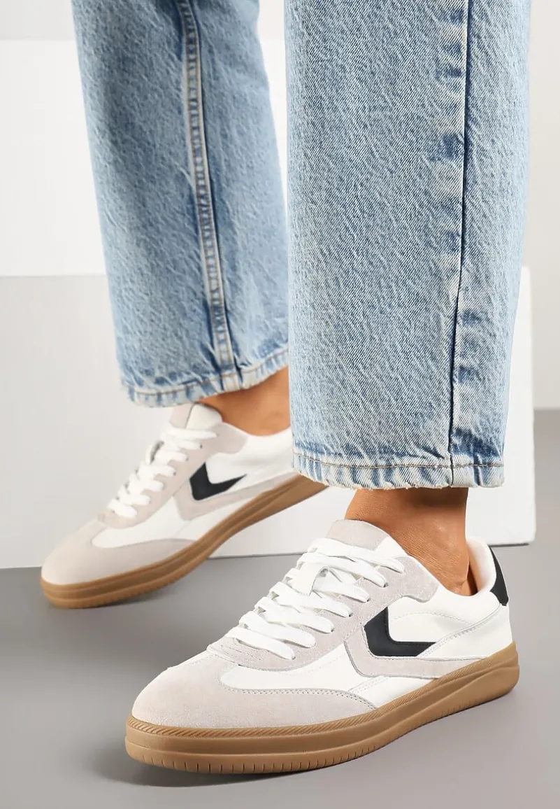 Beżowe Sneakersy Skórzane w Stylu Tenisówek z Geometrycznym Motywem Erisane