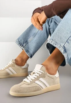 Beżowe Sneakersy Skórzane z Ozdobnymi Paskami Naniella