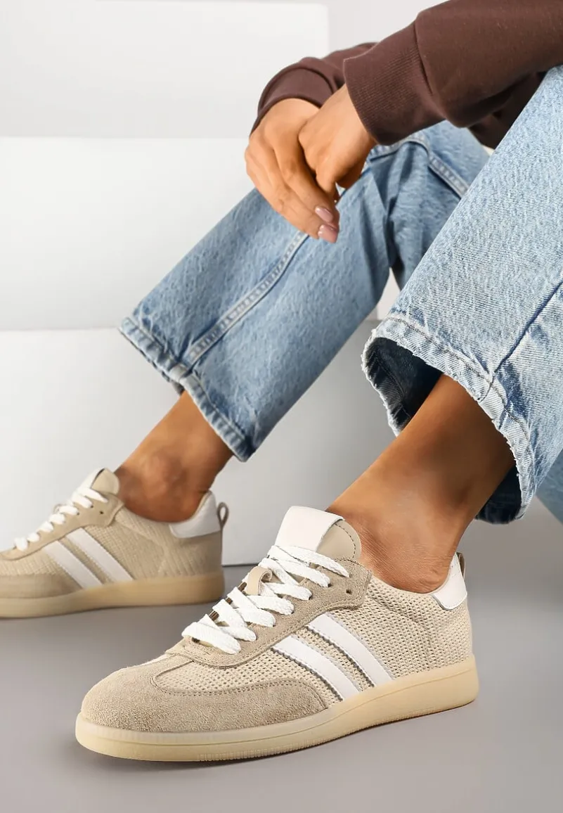 Beżowe Sneakersy Skórzane z Ozdobnymi Paskami Naniella