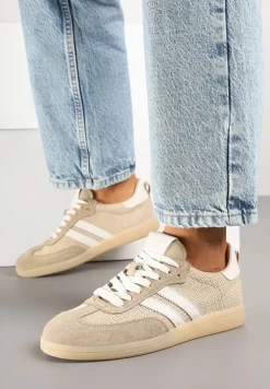 Beżowe Sneakersy Skórzane z Ozdobnymi Paskami Naniella