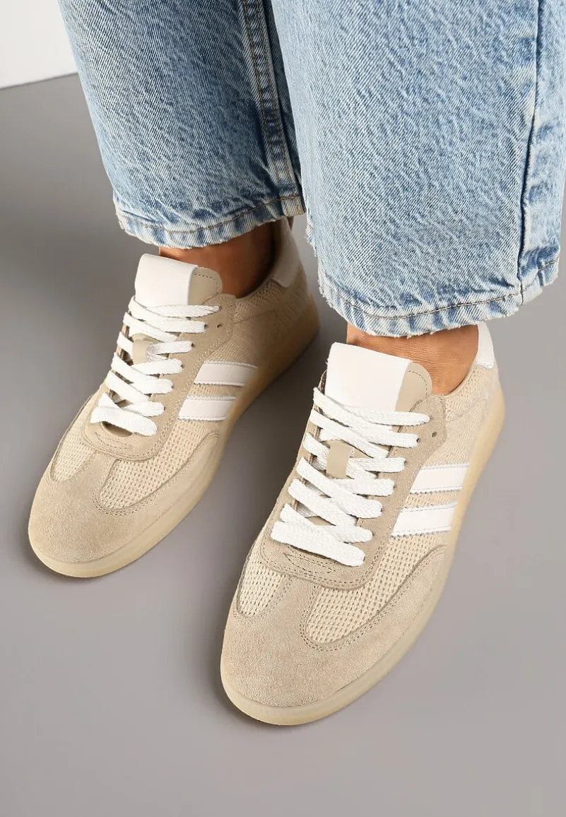 Beżowe Sneakersy Skórzane z Ozdobnymi Paskami Naniella