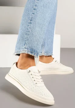 Beżowe Sneakersy Skórzane z Perforacją i Ozdobą Neorielina