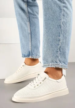 Beżowe Sneakersy Skórzane z Perforacją i Ozdobą Neorielina