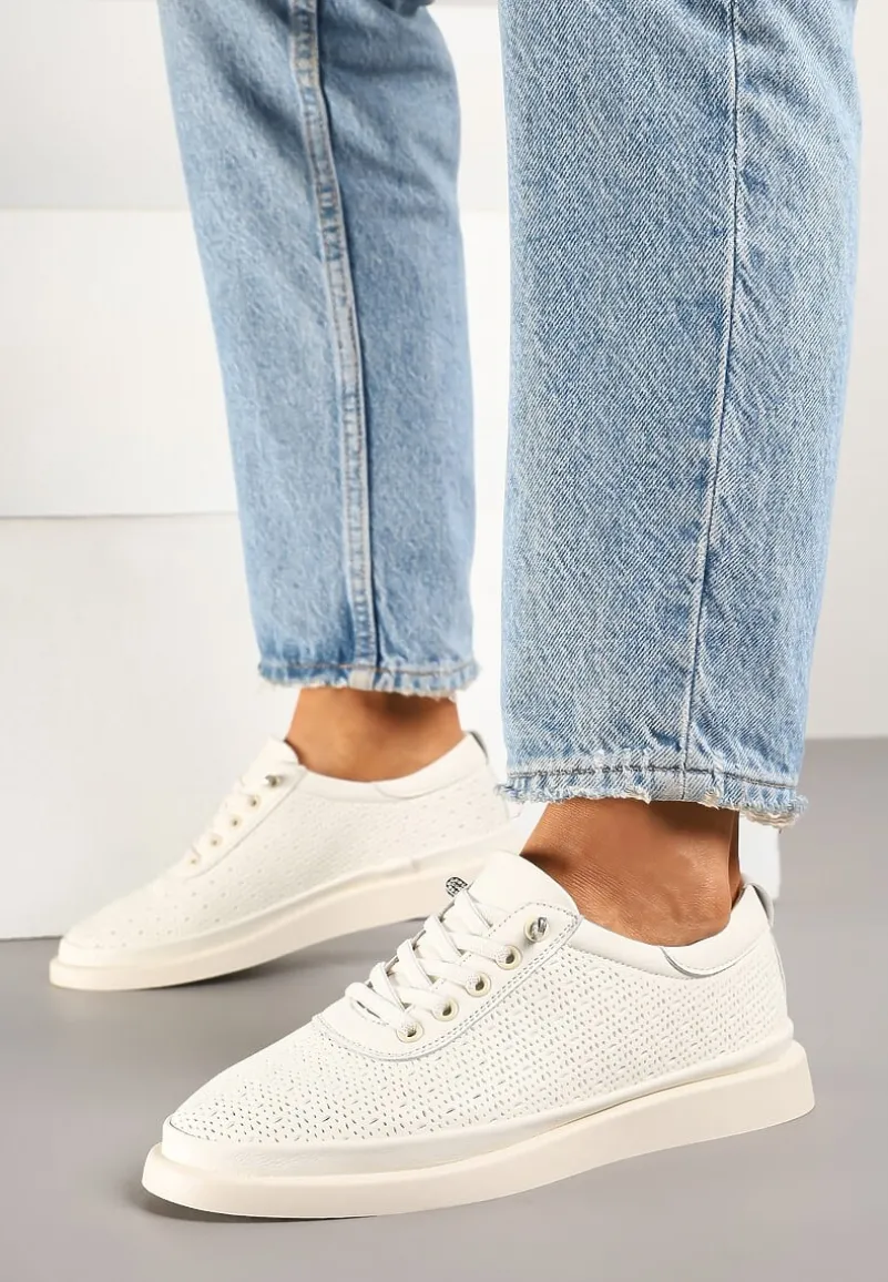 Beżowe Sneakersy Skórzane z Perforacją i Ozdobą Neorielina