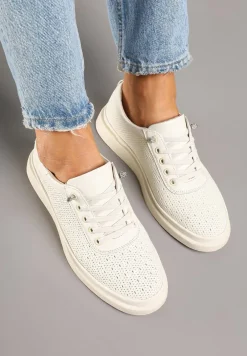 Beżowe Sneakersy Skórzane z Perforacją i Ozdobą Neorielina