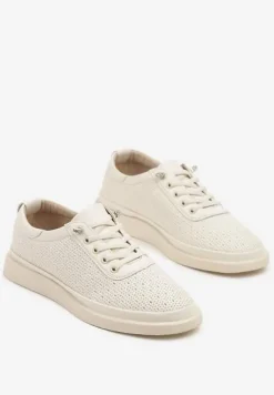 Beżowe Sneakersy Skórzane z Perforacją i Ozdobą Neorielina
