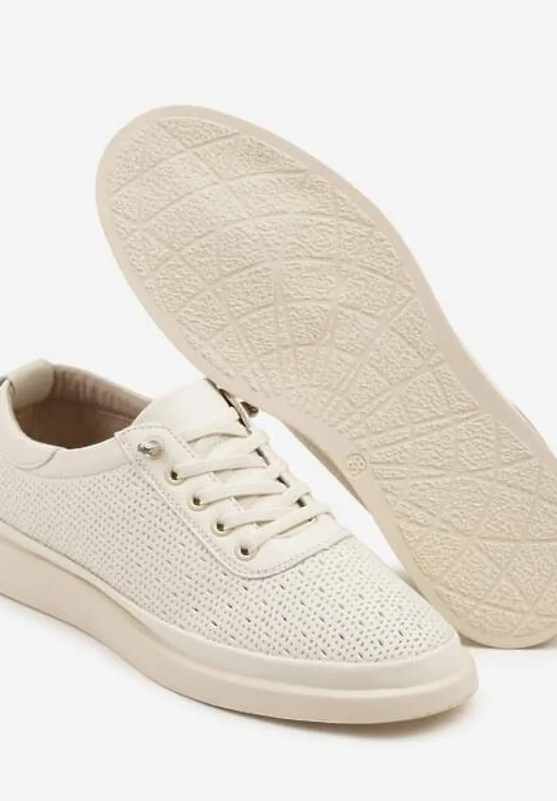 Beżowe Sneakersy Skórzane z Perforacją i Ozdobą Neorielina