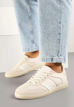Beżowe Sneakersy Sportowe przed Kostkę z Ozdobnymi Paskami Zonevia