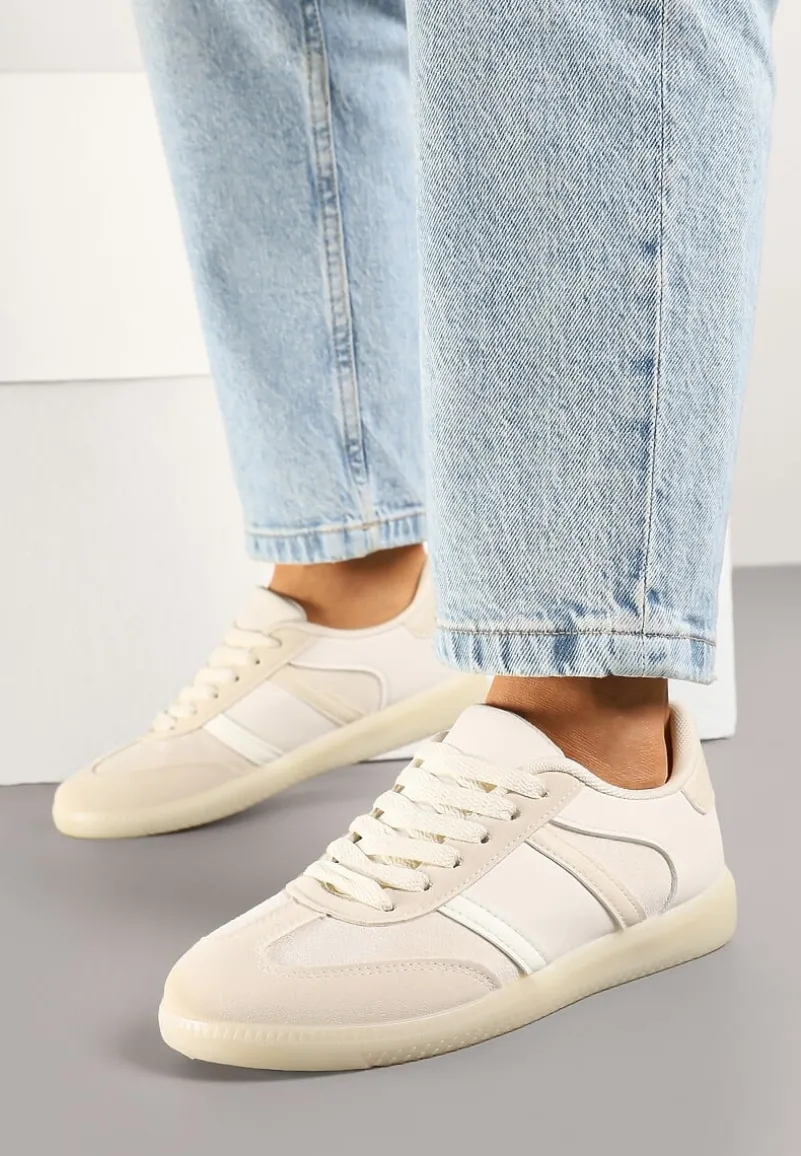 Beżowe Sneakersy Sportowe przed Kostkę z Ozdobnymi Paskami Zonevia