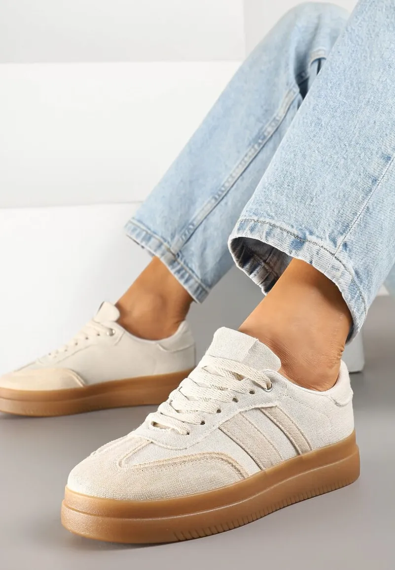 Beżowe Sneakersy Tenisówki Ozdobione Paskami Falaviela