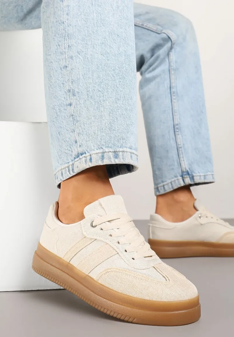 Beżowe Sneakersy Tenisówki Ozdobione Paskami Falaviela