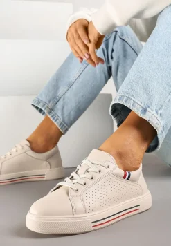 Beżowe Sneakersy Tenisówki ze Skóry Naturalnej Zdobione Perforacją Tillirene