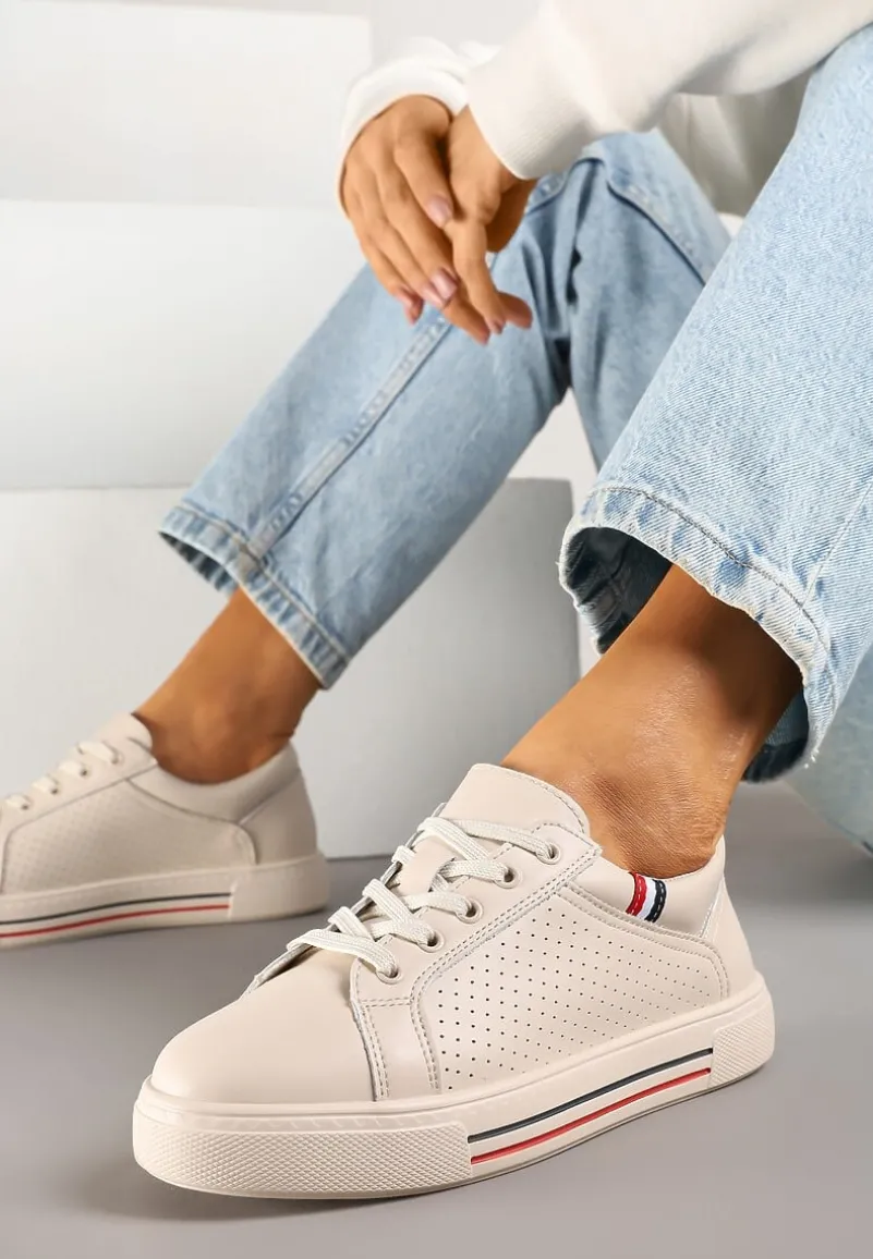 Beżowe Sneakersy Tenisówki ze Skóry Naturalnej Zdobione Perforacją Tillirene