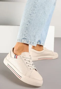 Beżowe Sneakersy Tenisówki ze Skóry Naturalnej Zdobione Perforacją Tillirene