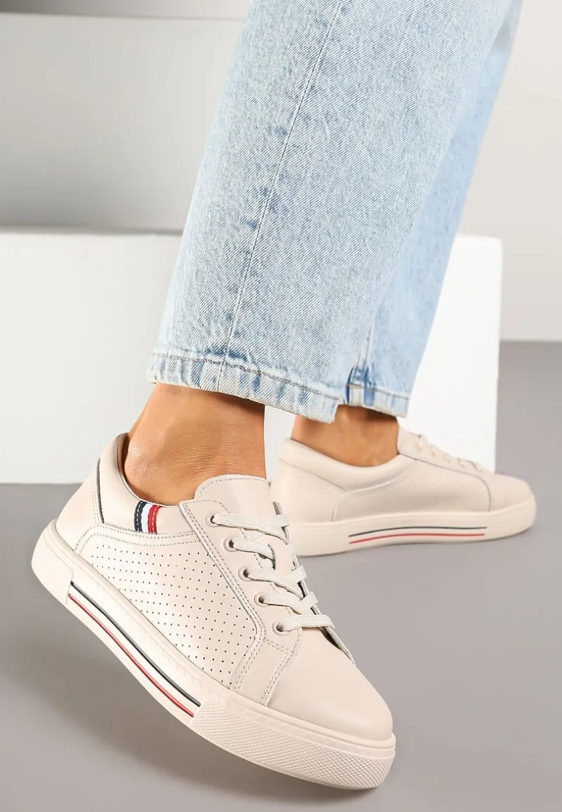 Beżowe Sneakersy Tenisówki ze Skóry Naturalnej Zdobione Perforacją Tillirene