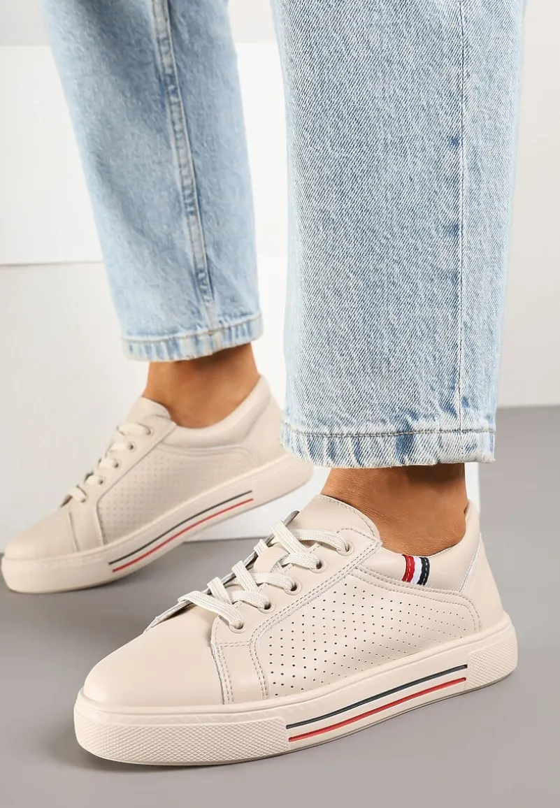 Beżowe Sneakersy Tenisówki ze Skóry Naturalnej Zdobione Perforacją Tillirene