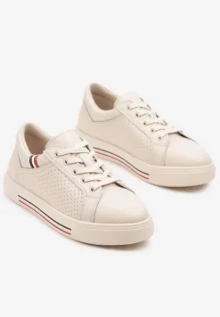Beżowe Sneakersy Tenisówki ze Skóry Naturalnej Zdobione Perforacją Tillirene