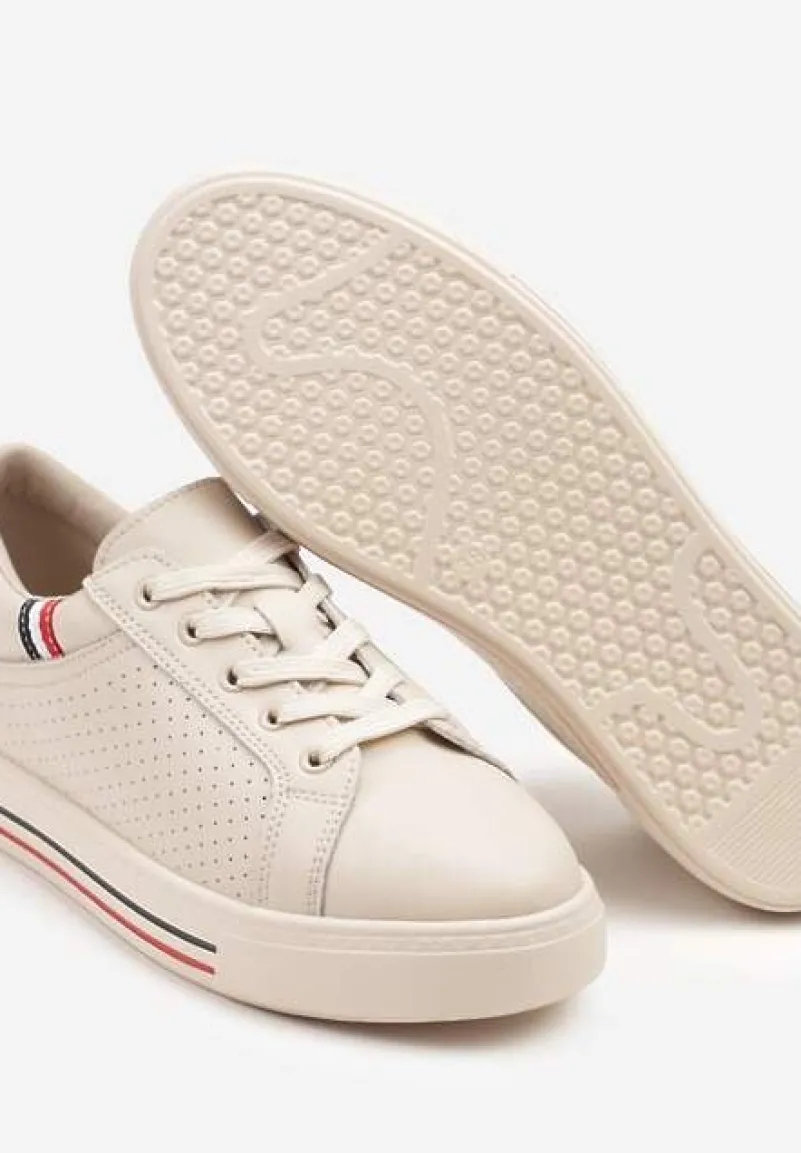 Beżowe Sneakersy Tenisówki ze Skóry Naturalnej Zdobione Perforacją Tillirene