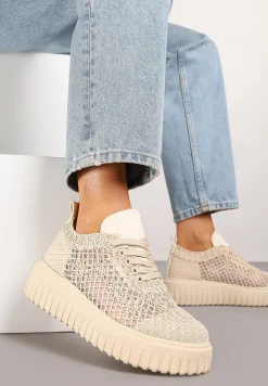 Beżowe Sneakersy Vices na Platformie z Ażurową Cholewką Lumerise