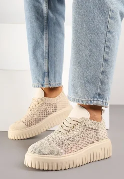Beżowe Sneakersy Vices na Platformie z Ażurową Cholewką Lumerise